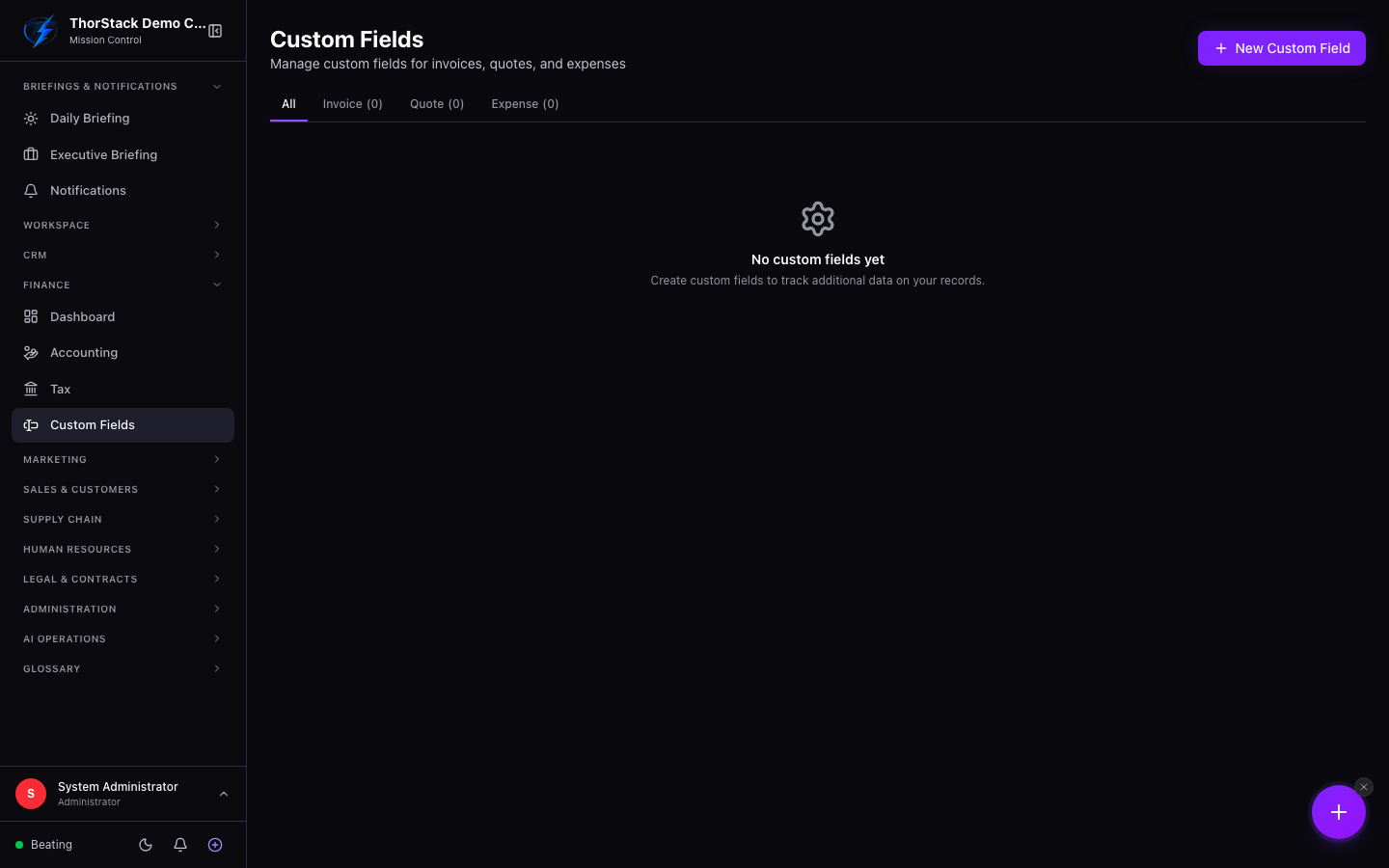 The finance custom fields manager